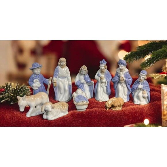 Vtg BIEDERMANN Blue & White Porcelain Nativity Set 10 Pieces Sri Lanka Christmas - Picture 1 of 16